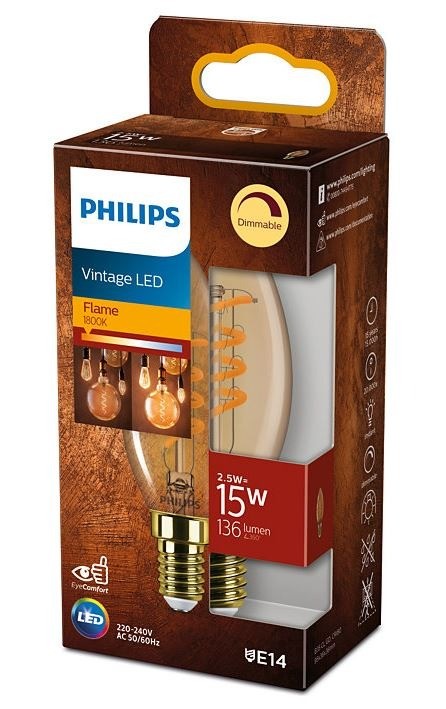 1x Philips LED Lamp Kaars Flame (2,5W (15W), E14, goud) Ledlampen - Lamp123.nl