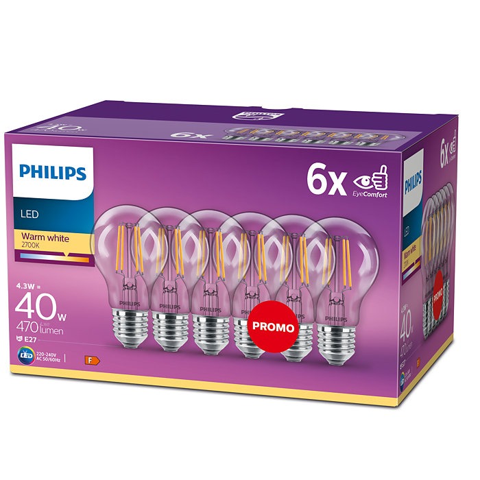 Philips Lamp (4,3W (40W), E27, Helder, 6 stuks) - -